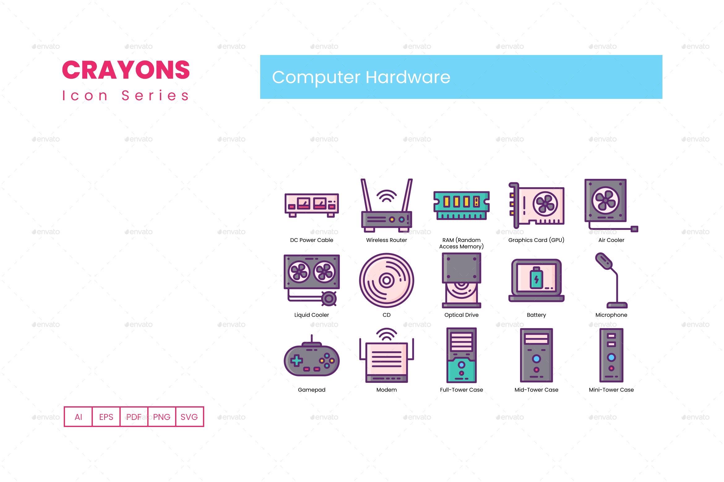 50 Computer Hardware Icons Crayons Series, Icons GraphicRiver
